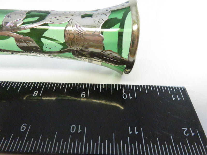 Antique Alvin Sterling Silver Overlay Green Glass Bud Vase G3259