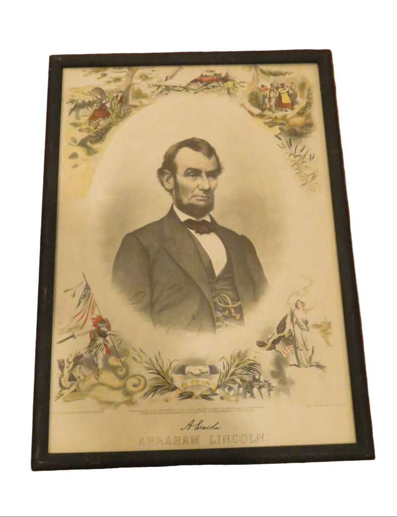 Vintage portrait etching of Lincoln in a decorative frame on a wooden surface