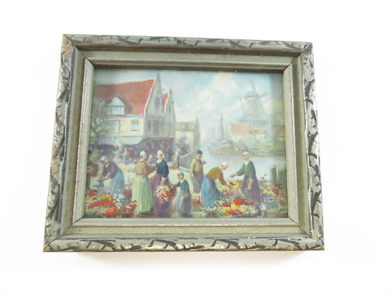 Dutch Flower Market by Francis William Vreeland Miniature Chromolithograph in Antique Frame