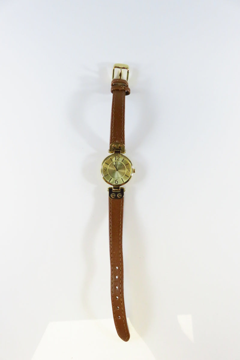 Anne Klein Gold Gilded Analog Quartz Wrist Watch Running Hinged Leather Strap