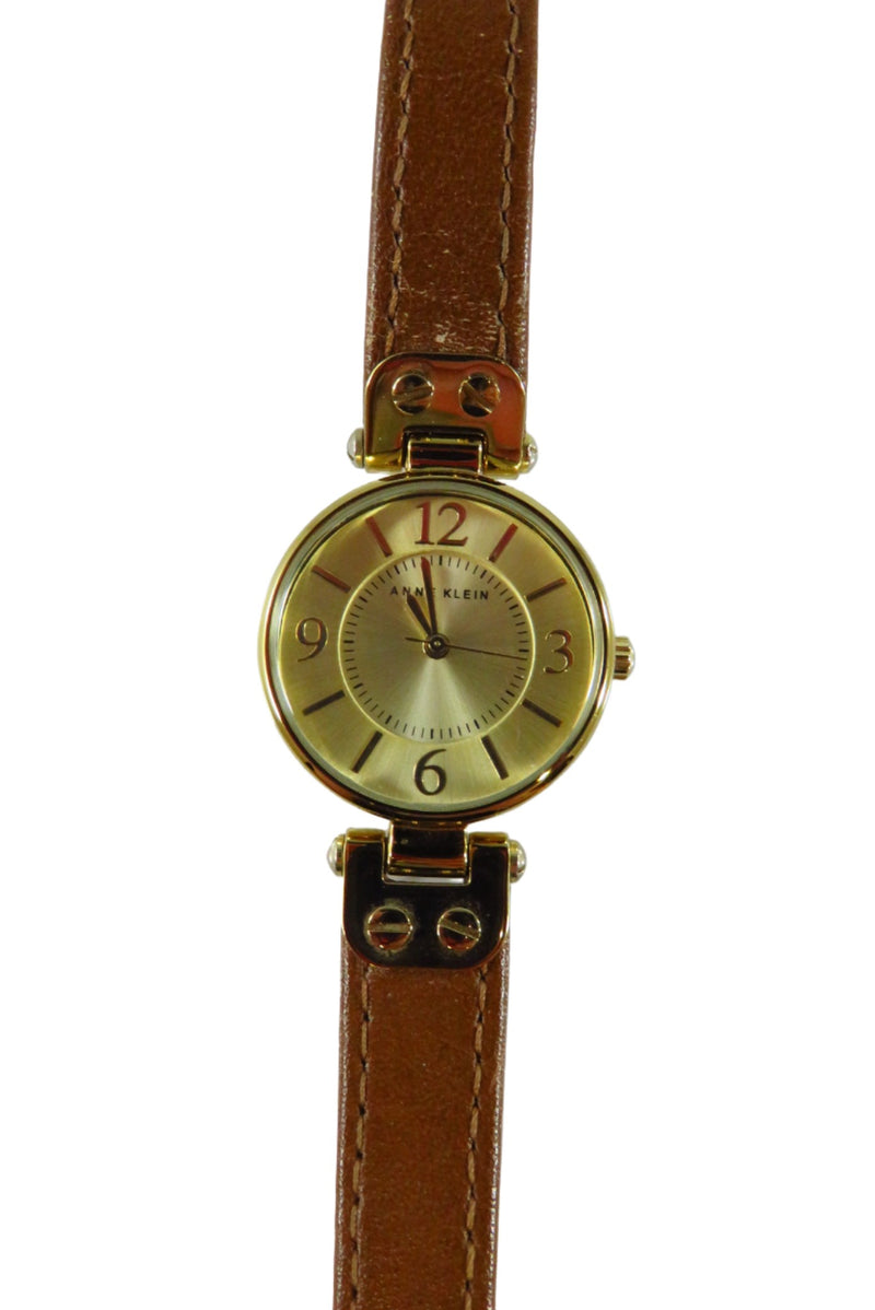 Anne Klein Gold Gilded Analog Quartz Wrist Watch Running Hinged Leather Strap