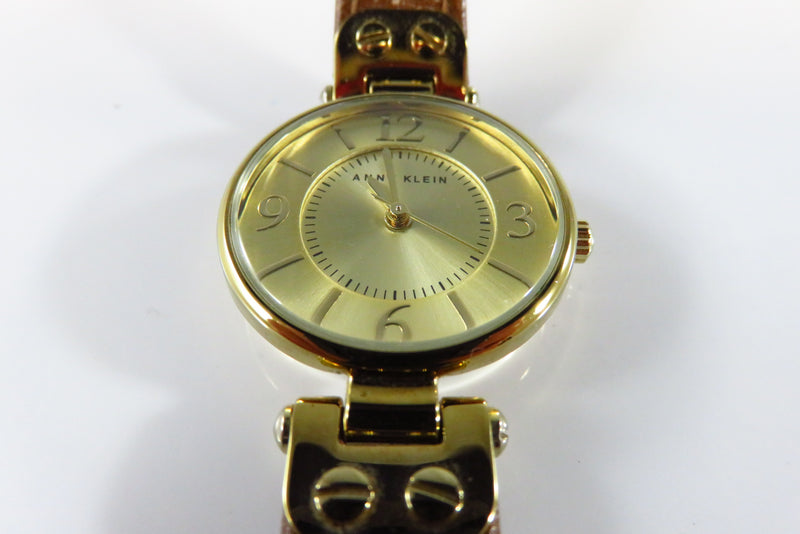 Anne Klein Gold Gilded Analog Quartz Wrist Watch Running Hinged Leather Strap