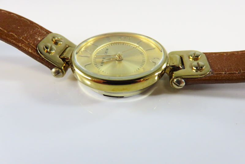 Anne Klein Gold Gilded Analog Quartz Wrist Watch Running Hinged Leather Strap