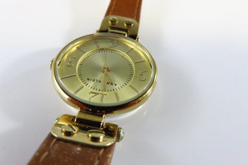 Anne Klein Gold Gilded Analog Quartz Wrist Watch Running Hinged Leather Strap