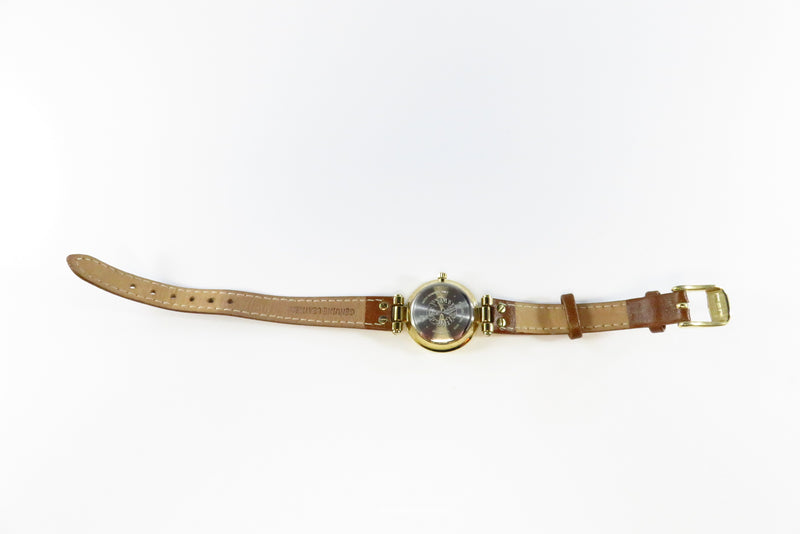 Anne Klein Gold Gilded Analog Quartz Wrist Watch Running Hinged Leather Strap