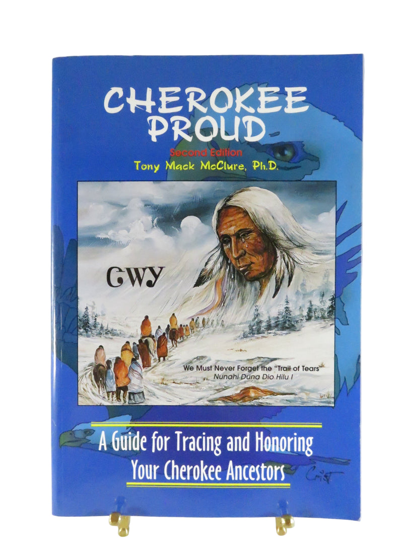 Book titled 'Cherokee Proud' with a blue cover featuring an illustration of a person and text.