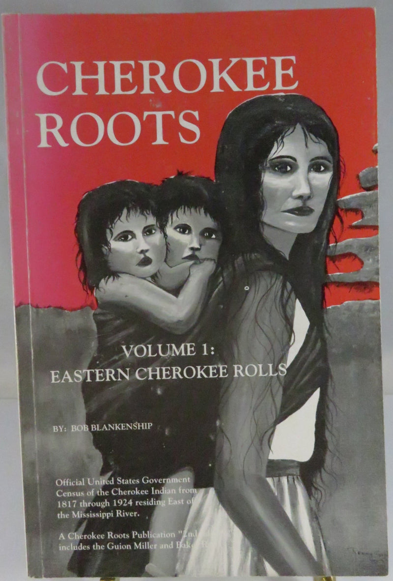 Book titled 'Cherokee Roots' with a red cover and black and white photo of two people on a white background.