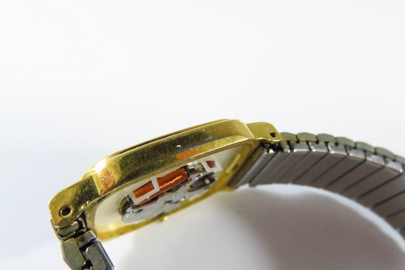 Vintage Citizen CQ Tank Quartz Watch 2 Tone Dial Dress Watch for Repair/Restoration close up of back of watch
