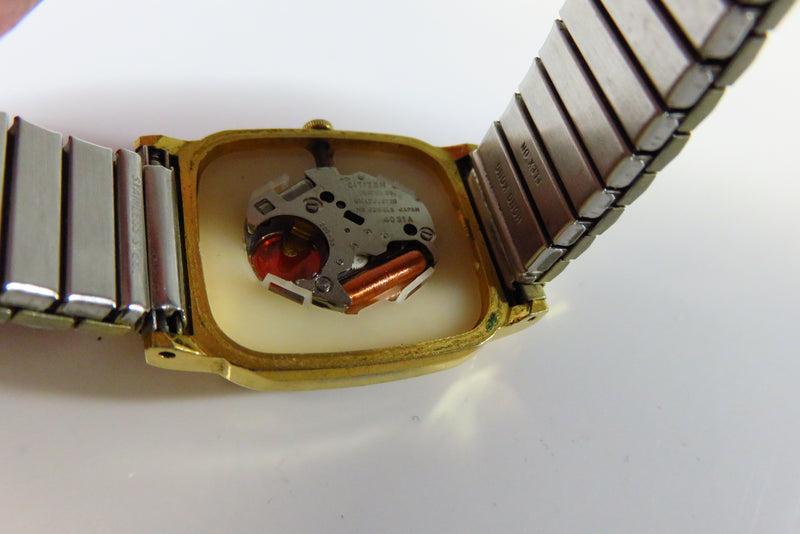 Vintage Citizen CQ Tank Quartz Watch 2 Tone Dial Dress Watch for Repair/Restoration back of watch