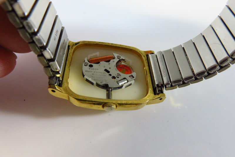 Vintage Citizen CQ Tank Quartz Watch 2 Tone Dial Dress Watch for Repair/Restoration back of watch and inside of band