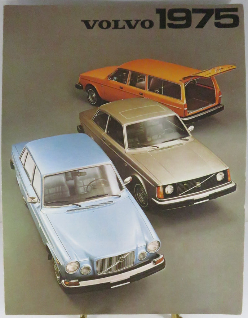 1975 Volvo car brochure cover with three cars on a gray background