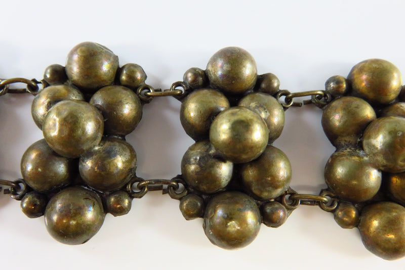 Unusual Vintage Toned Metal Half Ball Panel Bracelet Southwestern Style 6 7/8 close up of panels