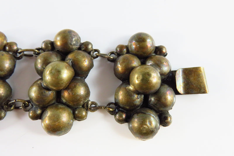 Unusual Vintage Toned Metal Half Ball Panel Bracelet Southwestern Style 6 7/8 close up of panels with clasp