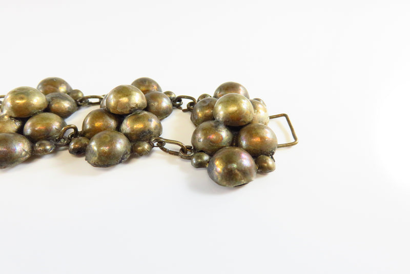 Unusual Vintage Toned Metal Half Ball Panel Bracelet Southwestern Style 6 7/8 side view with end clasp