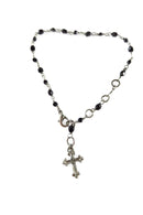 Beaded Dangling Cross Bracelet Black Faceted Glass Accents 11" TL — front view