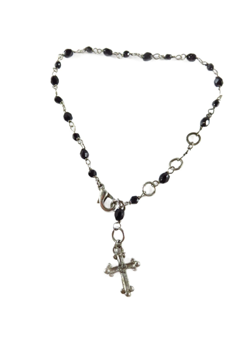 Beaded Dangling Cross Bracelet Black Faceted Glass Accents 11" TL — front view