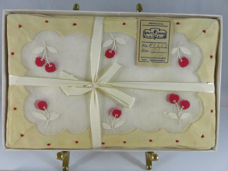 Leacock Madeira Hand Embroidery Sheer Linen Cocktail Napkins – Cherries Motif – Boxed Set of 12 (Portugal)