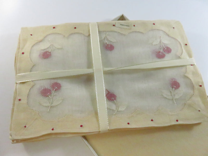Leacock Madeira Hand Embroidery Sheer Linen Cocktail Napkins – Cherries Motif – Boxed Set of 12 (Portugal)
