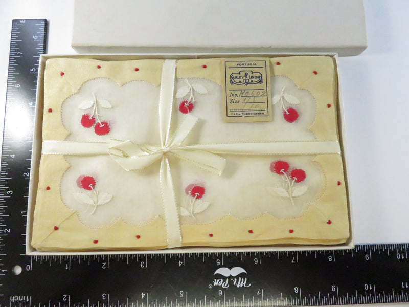 Leacock Madeira Hand Embroidery Sheer Linen Cocktail Napkins – Cherries Motif – Boxed Set of 12 (Portugal)