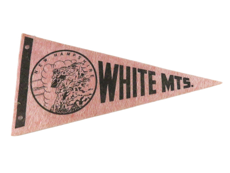 Vintage White Mountains New Hampshire Mini Felt Souvenir Pennant – Pink & Black Old Man of the Mountain – approx. 7 3/4"