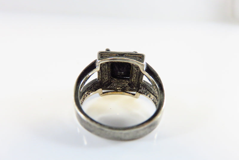 Blackened Silver Metal Ring Square Faceted Black Glass With Accents Size 7 inside band
