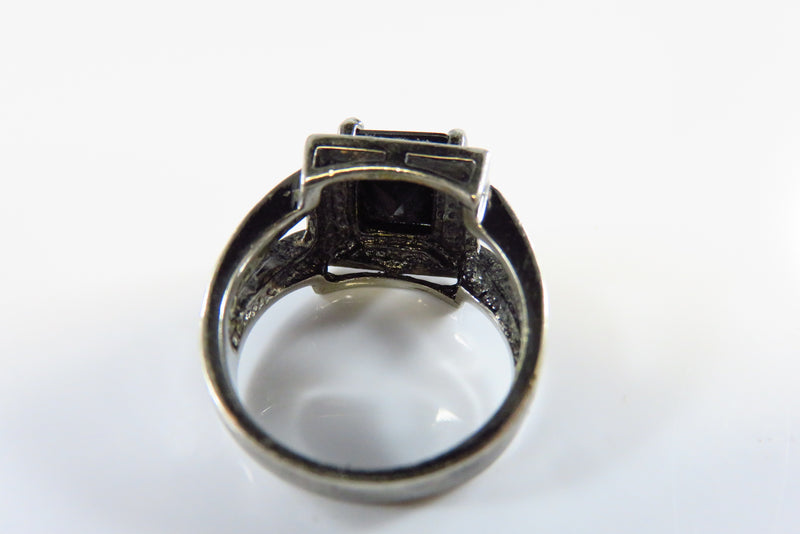 Blackened Silver Metal Ring Square Faceted Black Glass With Accents Size 7 underside of setting