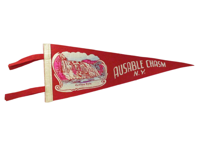 Vintage Ausable Chasm N.Y. Felt Souvenir Pennant – Rainbow Falls – Red with Cream Trim – approx. 17 1/4"