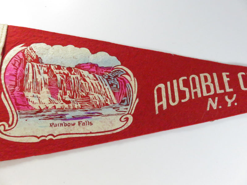 Vintage Ausable Chasm N.Y. Felt Souvenir Pennant – Rainbow Falls – Red with Cream Trim – approx. 17 1/4"