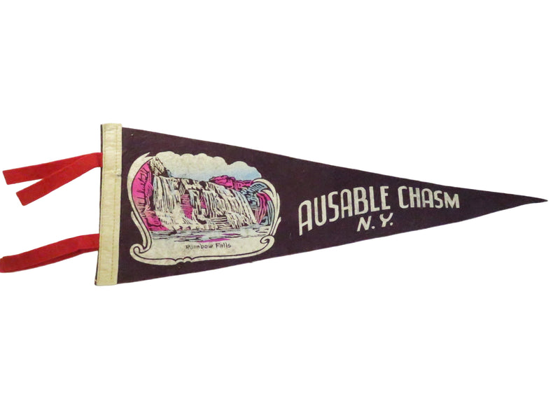 Vintage Ausable Chasm N.Y. Felt Souvenir Pennant – Rainbow Falls – Purple with white Hoist – approx. 17 1/4"