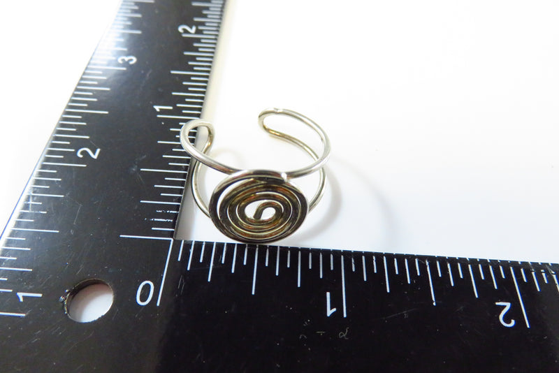 Adjustable Silver Metal Wire Ring Round Spiral Center Size 7 to 9 1/2 with measurement