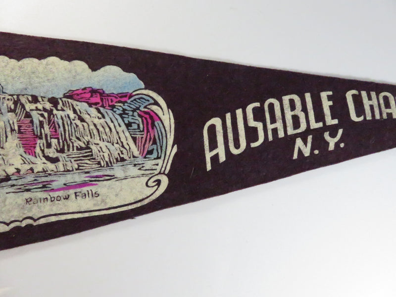 Vintage Ausable Chasm N.Y. Felt Souvenir Pennant – Rainbow Falls – Purple with white Hoist – approx. 17 1/4"