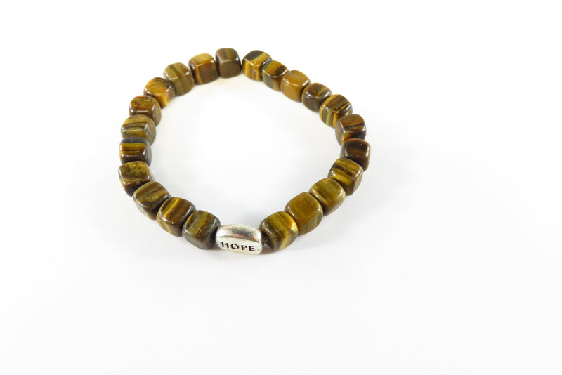6 3/4" Stretch Bracelet 22 Square Tiger Eye Bead One Silver Oval "Hope" Bead