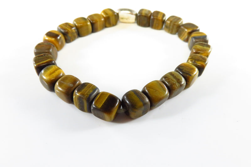 6 3/4" Stretch Bracelet 22 Square Tiger Eye Bead One Silver Oval "Hope" Bead