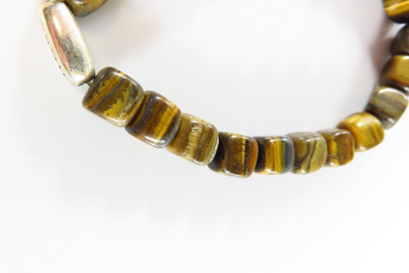 6 3/4" Stretch Bracelet 22 Square Tiger Eye Bead One Silver Oval "Hope" Bead close up of beads