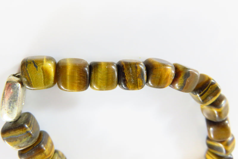 6 3/4" Stretch Bracelet 22 Square Tiger Eye Bead One Silver Oval "Hope" Bead close up of beads