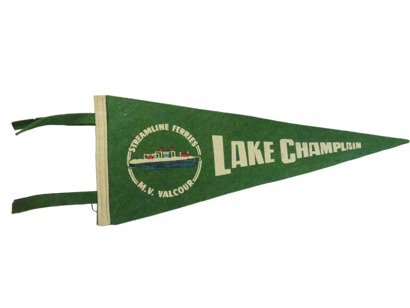 Vintage Lake Champlain Felt Souvenir Pennant – Streamline Ferries M.V. Valcour – White/Green – approx. 15"