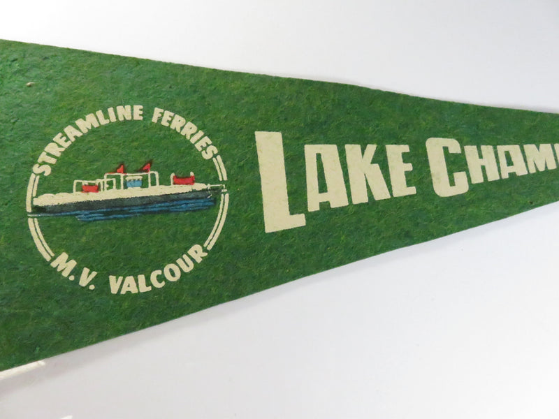 Vintage Lake Champlain Felt Souvenir Pennant – Streamline Ferries M.V. Valcour – White/Green – approx. 15"