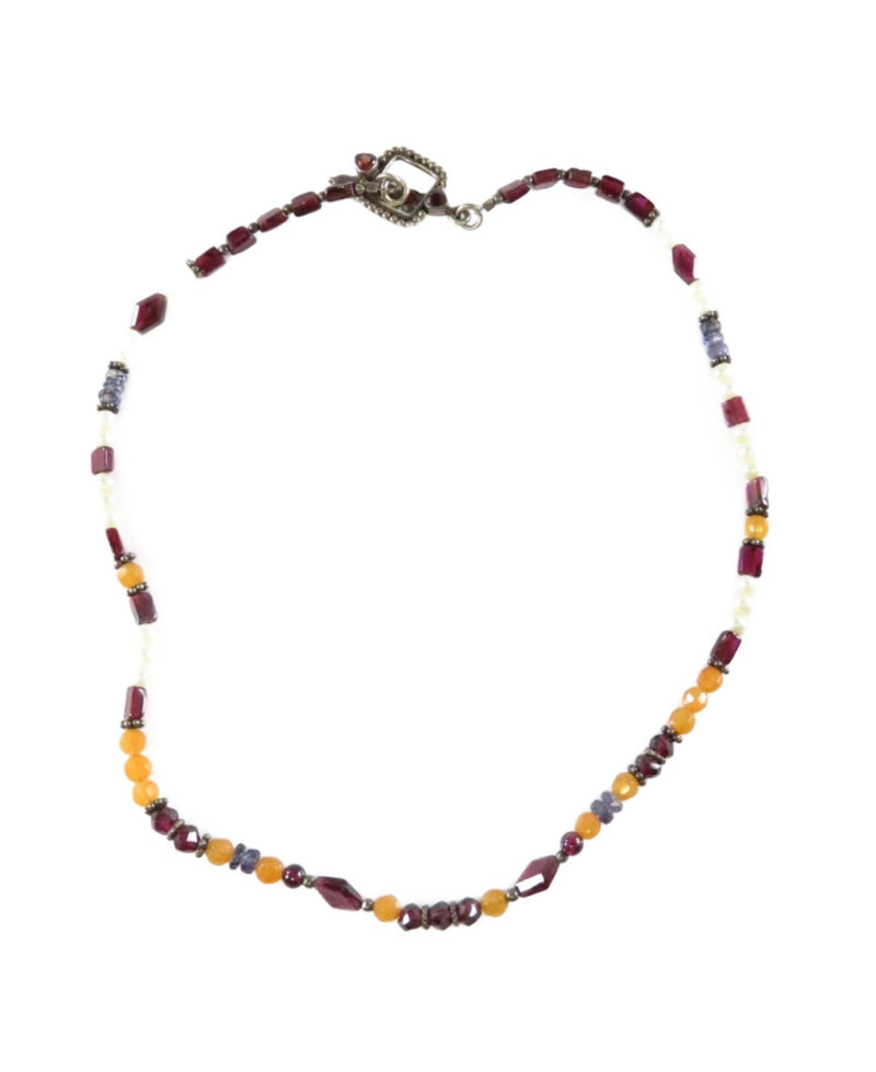 16" Sterling Silver Beaded Gemstone & Pearl Necklace with Toggle Clasp — Sterling Silver, Silver • Garnet, Pearl — front view