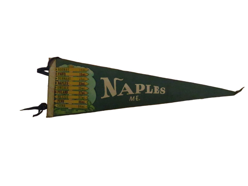 Vintage Naples Maine Felt Souvenir Pennant – “Sign Post in Maine” – White/Green with Blue Ties – approx. 26" — front view