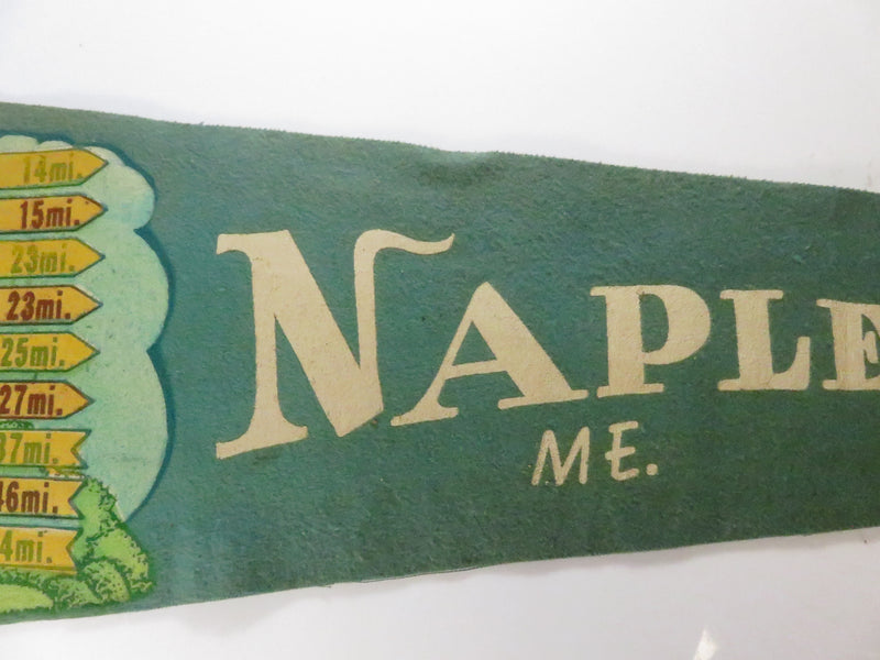 Vintage Naples Maine Felt Souvenir Pennant – “Sign Post in Maine” – White/Green with Blue Ties – approx. 26"