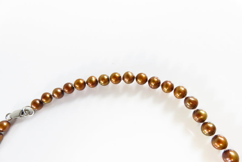17 1/2 Bronze Cultured Pearl Beaded Necklace Sterling Silver Clasp for Repurpose close up of beads and clasp