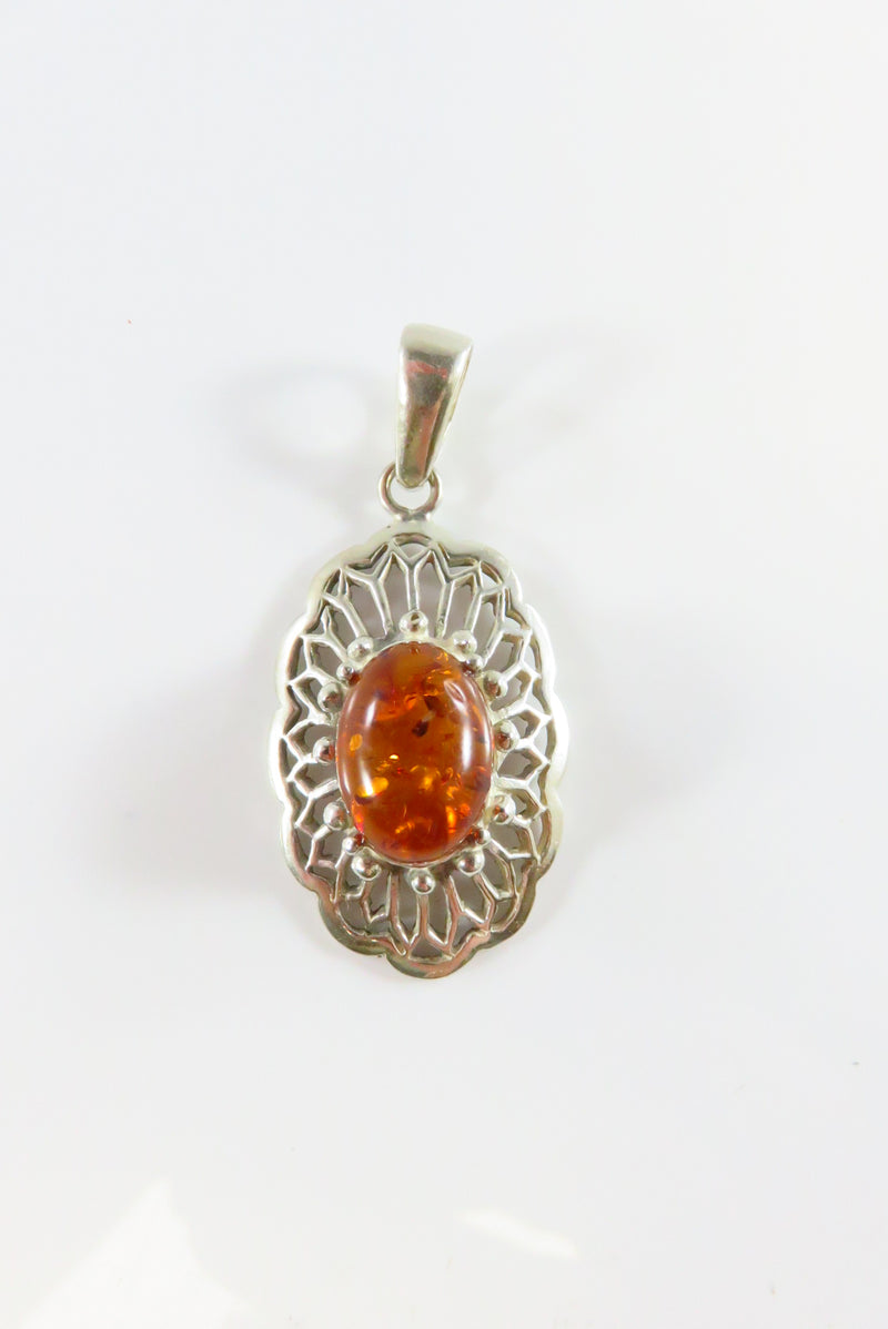 Sterling Baltic Amber Pendant 925 Pierced Frame 1 3/4" Drop