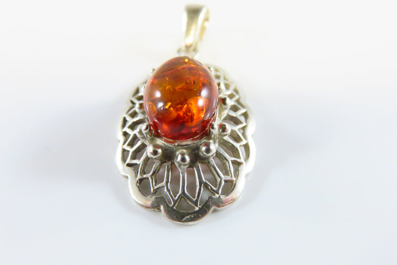 Sterling Baltic Amber Pendant 925 Pierced Frame 1 3/4" Drop