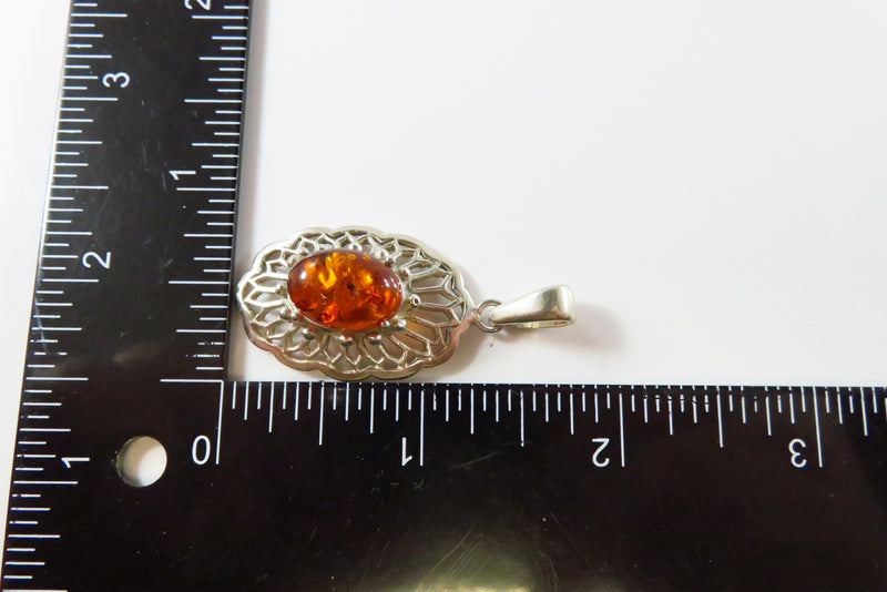 Sterling Baltic Amber Pendant 925 Pierced Frame 1 3/4" Drop