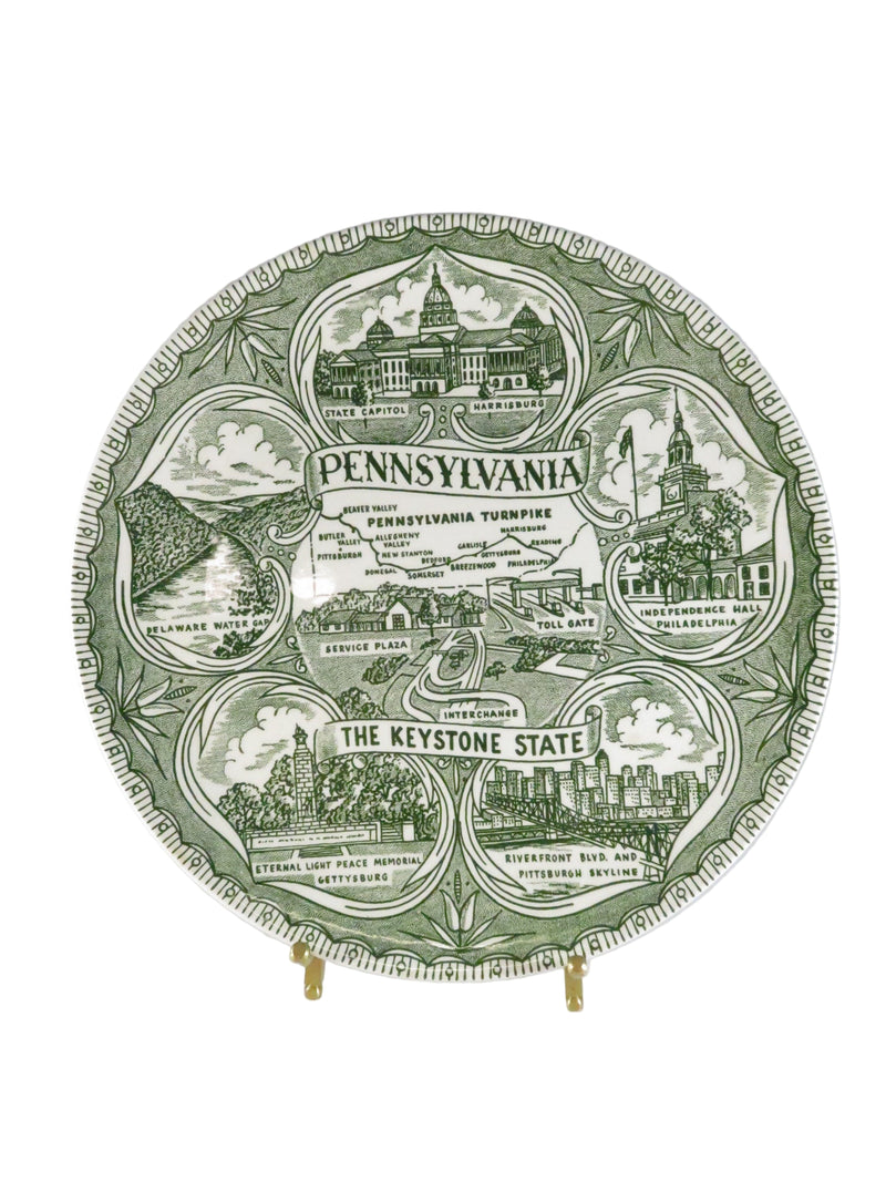 Pennsylvania Souvenir Plate – Keystone State Landmarks Green Transferware ~9½”