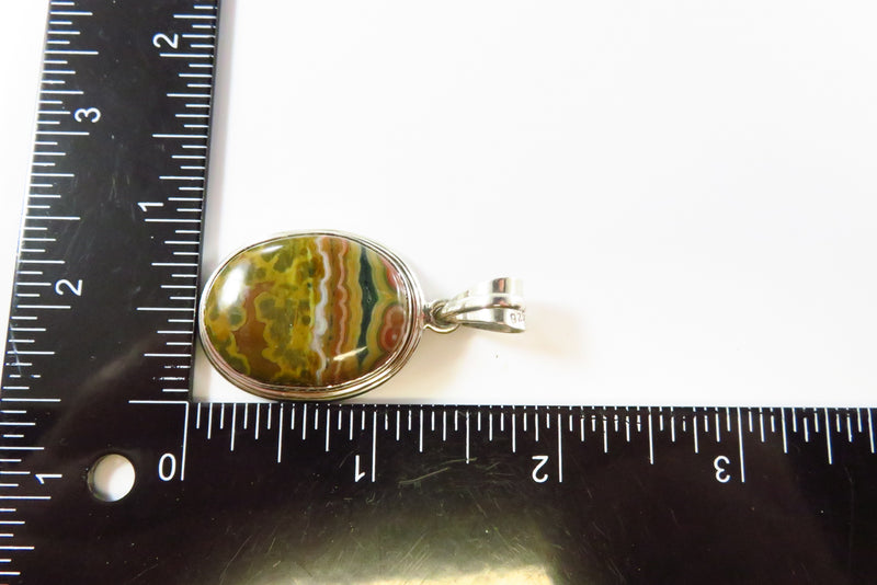 Sterling Cabochon Jasper Pendant 925 Polished Oval Jasper 1 3/4" Drop