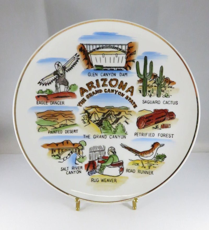 Decorative plate with illustrations of Arizona landmarks on a white background
