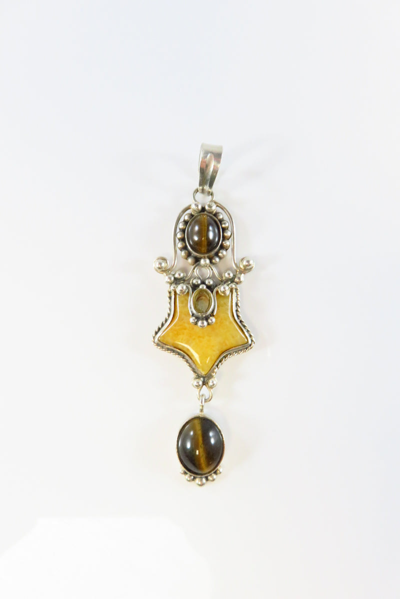 Vintage Kite Form Sterling Pendant Inlaid Tigers Eye & Onyx 2" Drop