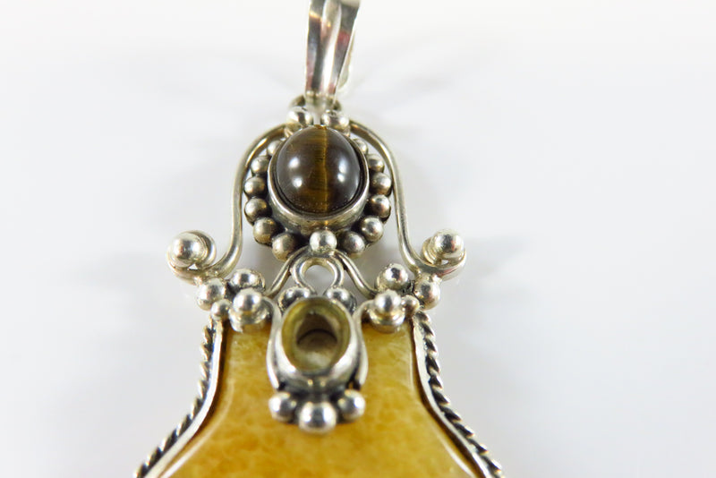 Exotic Omega Style Sterling Silver Tiger's Eye Pendant for Repair 3" Drop