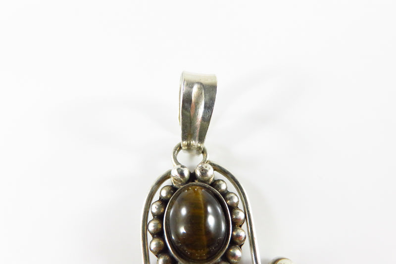 Exotic Omega Style Sterling Silver Tiger's Eye Pendant for Repair 3" Drop